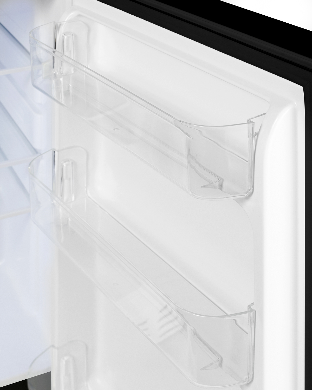 Built-in undercounter ADA compliant residential all-refrigerator in black with door storage and automatic defrost operation